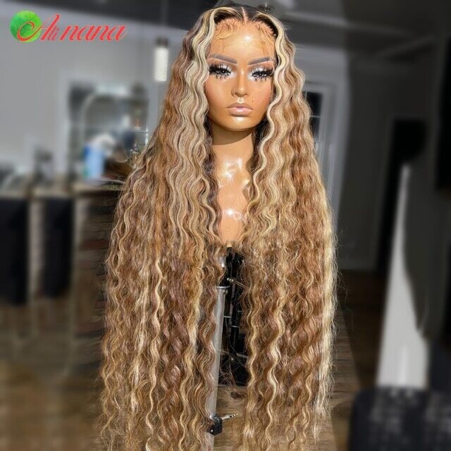 13x6 Lace Frontal Wigs Highlight Brown Deep Wave Transparent Lace, Color: 4/27HL, Density: 100%, Stretched Length: 8inches