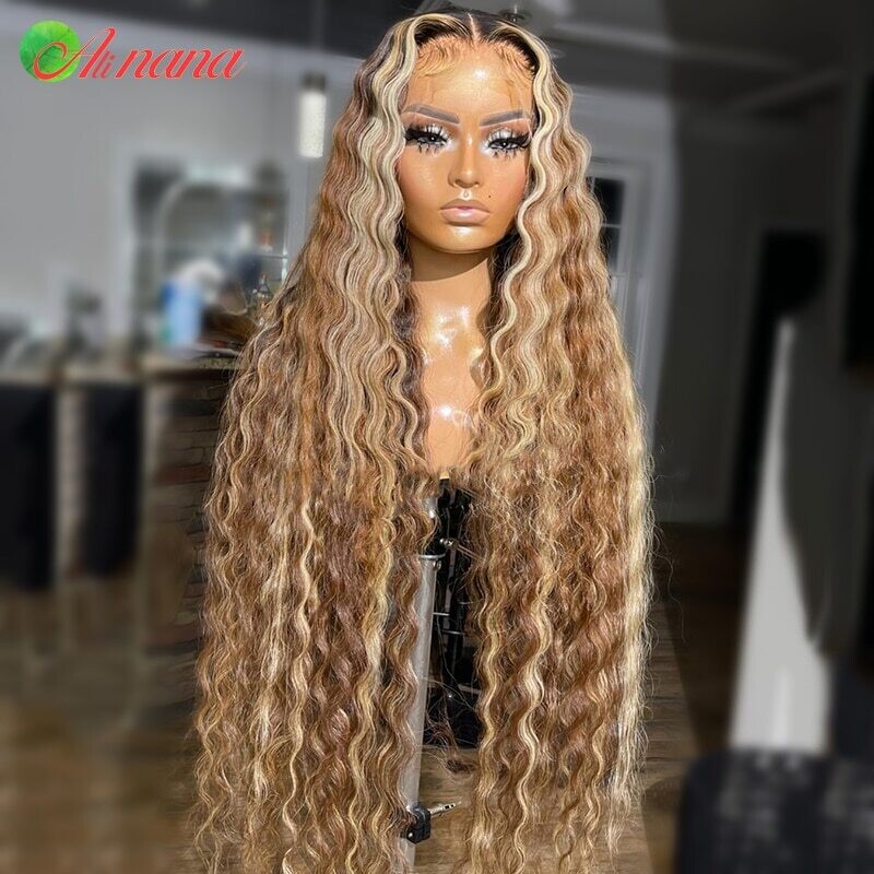 13x6 Lace Frontal Wigs Highlight Brown Deep Wave Transparent Lace