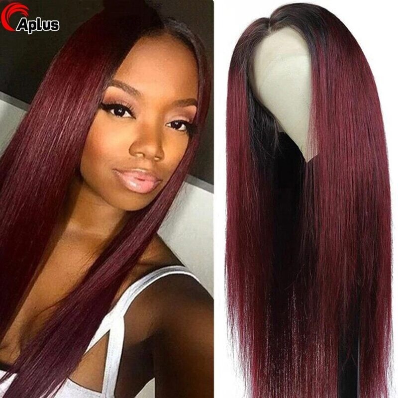 1B 99J Lace Front Wig Straight Human Hair Wigs plucked Ombre