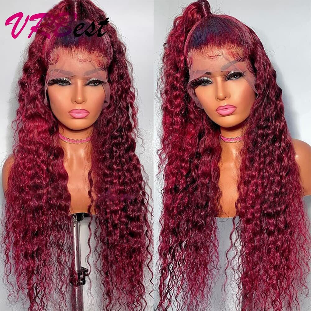 99J Colored Lace Front Human Hair Wigs Deep Wave Burgundy 13x4 HD