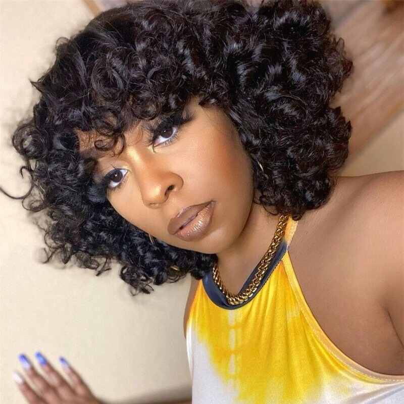 Rose Curly Wig With Bangs Fumi Human Hair Machine Deep Wave