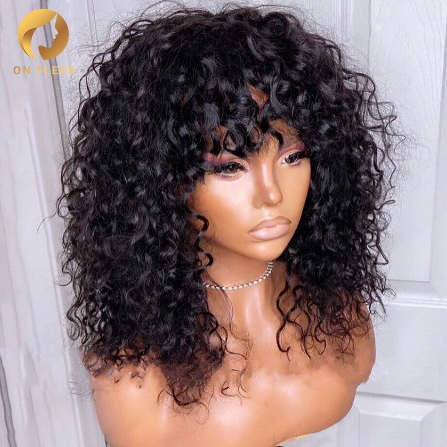 Short Curly Wig Full Machine Made Human Hair Wigs With Bangs 250