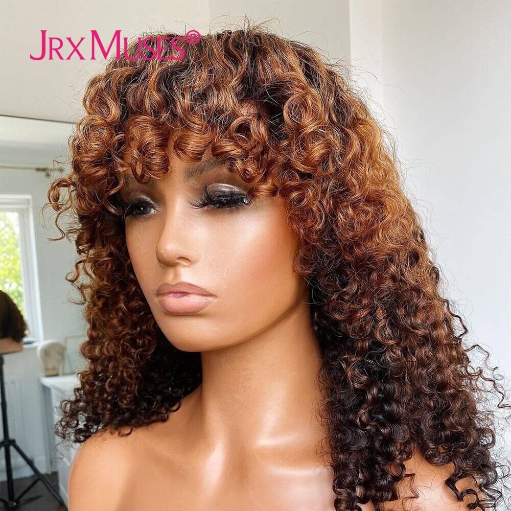 Highlights Blonde Jerry Curly Human Hair Wigs Bangs Brown