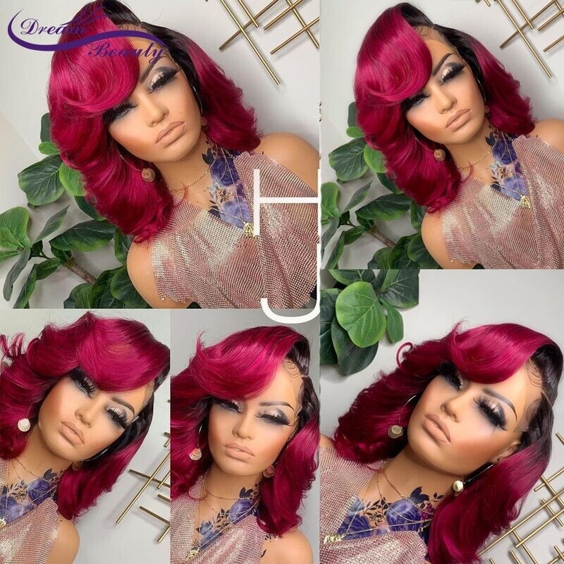 13x4 Rose Red Brazilian Human Hair Wigs Bob Wavy Lace