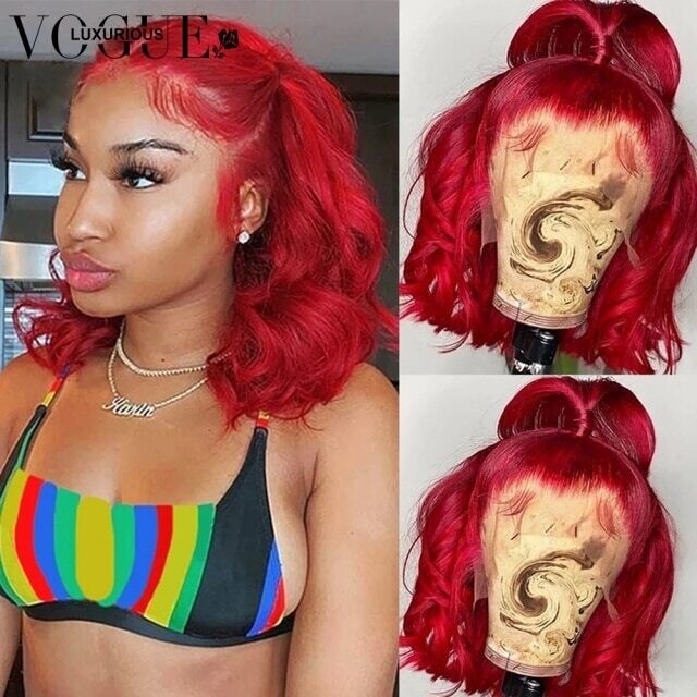 Red Bob Lace Front Wigs Colored Body Wave Short Bob, Color: Natural Color, Density: 100%, Stretched Length: 8inches