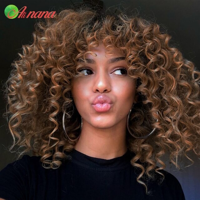 Jerry Curly Human Hair Wigs With Bangs Full Machine Made Wigs, Hair Color: #130, Stretched Length: 10inches