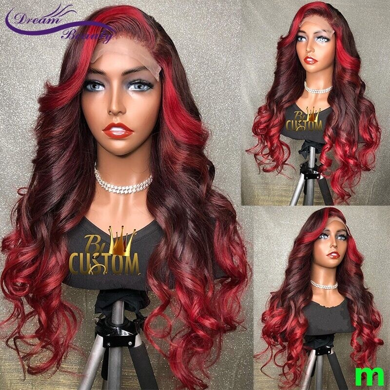 13X4 Red Color Lace Front Human Hair Wig Ombre Burgundy 180%