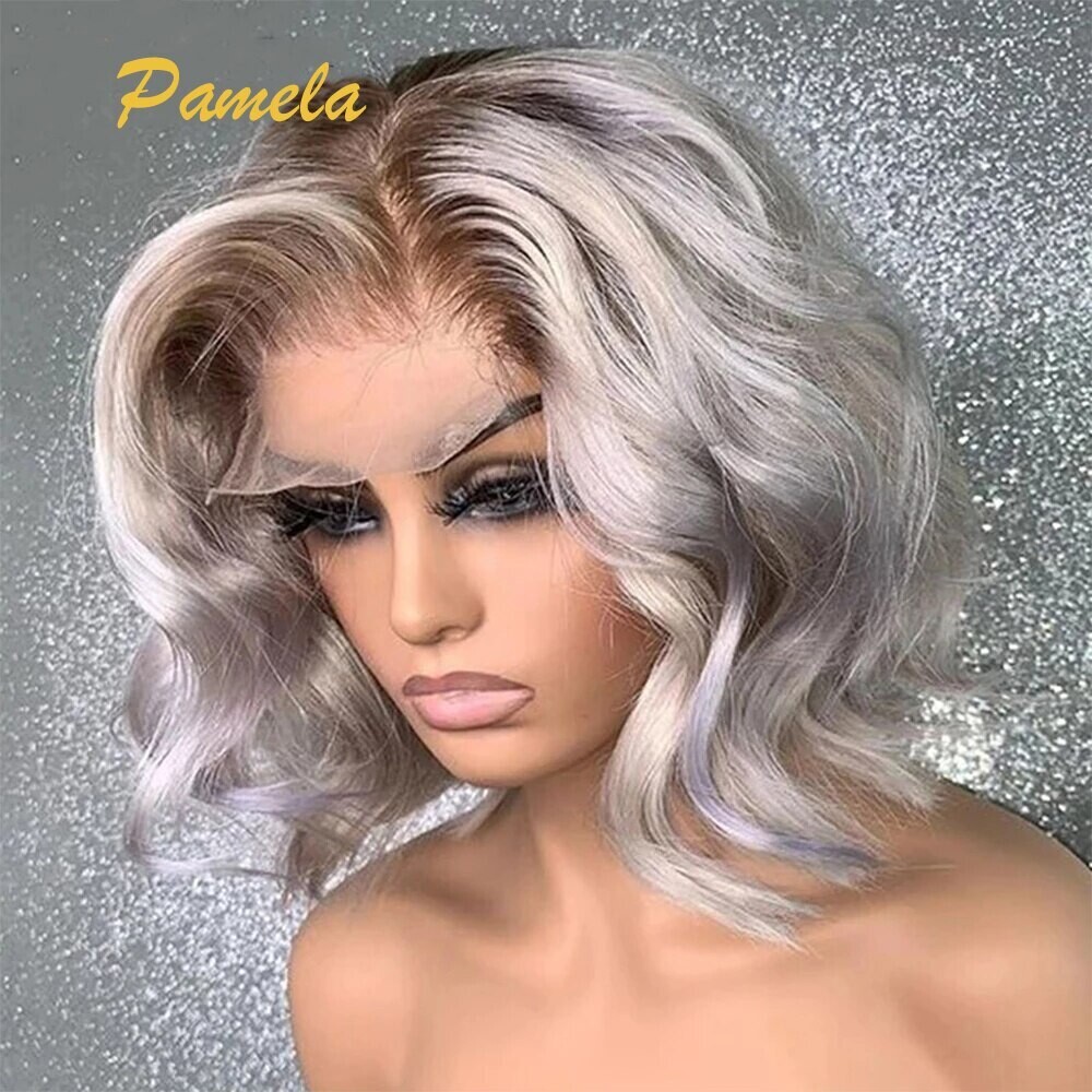 13x4 Grey Short Bob Body Wave Lace Front Wigs For Women Brazilian