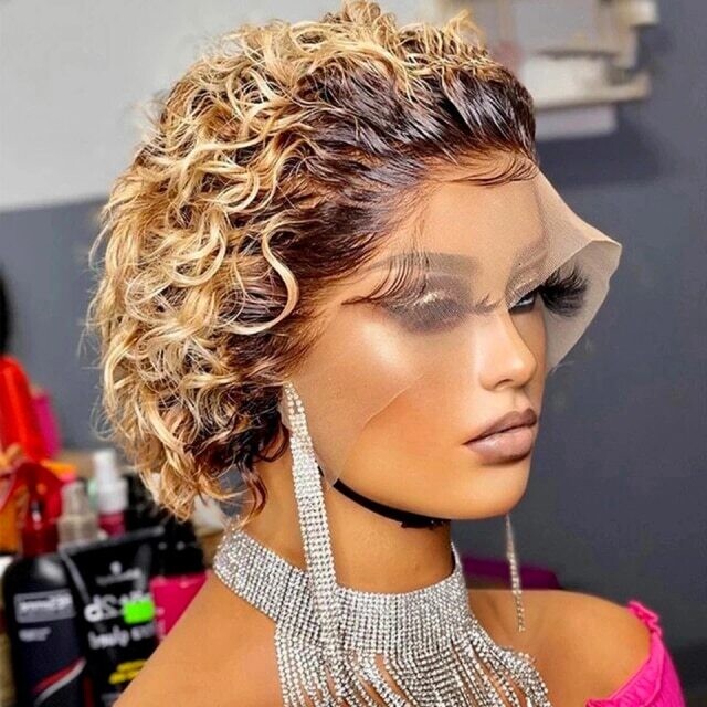 Pixie Cut Wig Short Bob Curly Human Hair 13X1 Transparent, Hair Color: #27R