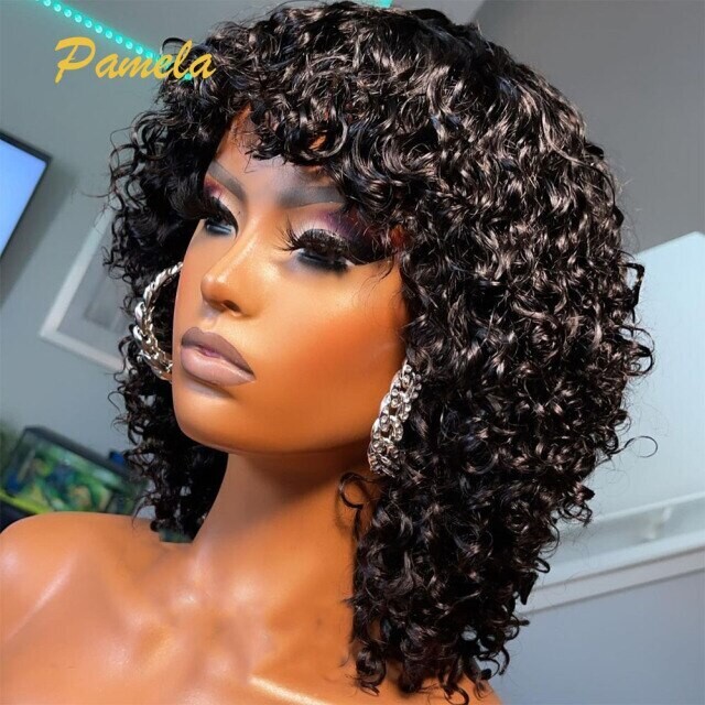 Short Curly Pixie Cut Bob Burgundy Colored Human Hair with Bangs, Density: 150%, Hair Color: #27R, Stretched Length: 10inches