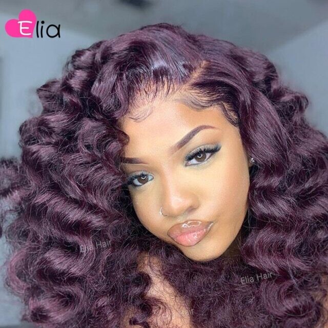 Wig human hair Violet Colored 4x4 Lace Closure Wigs, Color: #99J, Density: 100%, Stretched Length: 8inches