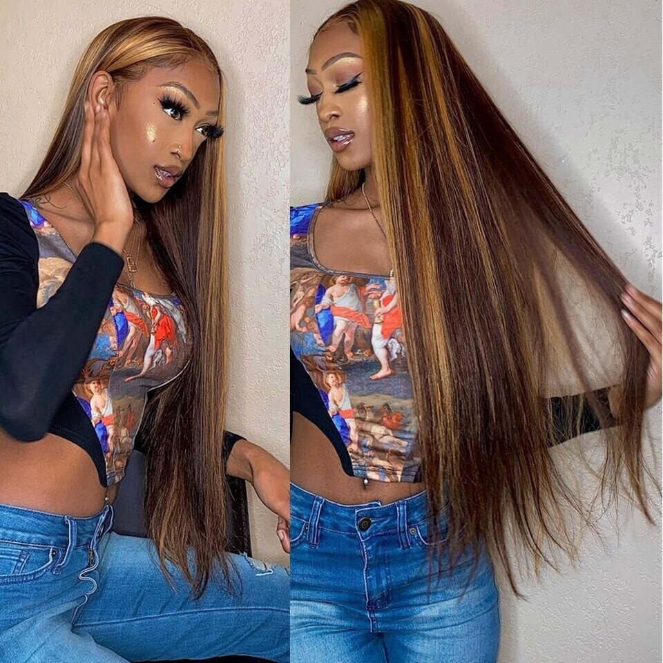 30 Inch Bone Straight Highlight Wig Human Hair Ombre Honey B