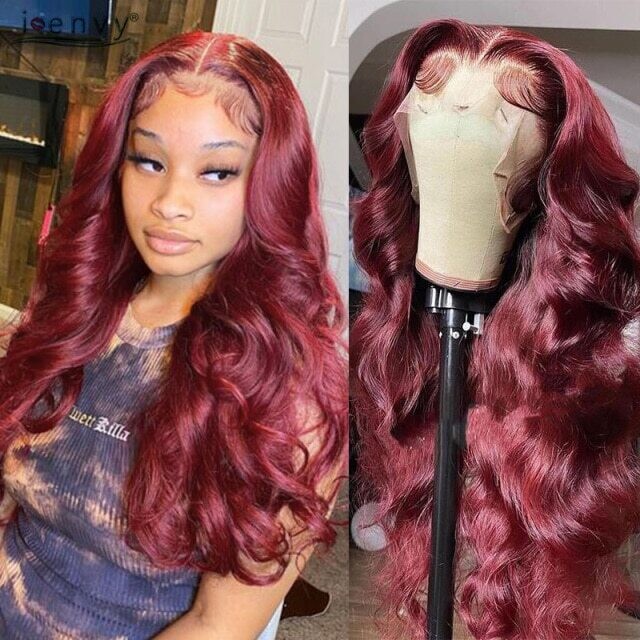 99J Body Wave Lace Frontal Wig Pre Pluck Peruvian Burgundy, Density: 150%, Hair Color: #99J, Stretched Length: 10inches