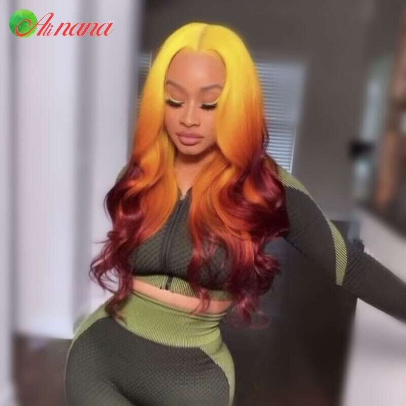 3 Tone Yellow Orange Red Ombre Color 13x4 Lace Frontal Wig