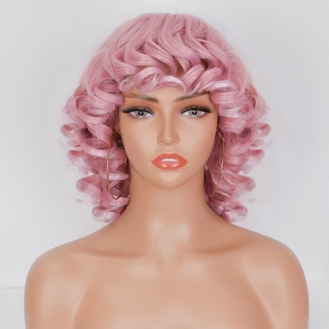 Short Hair Afro Curly Wig With Bangs For Black Women Cosplay Fluffy , Color: 1B/27HL, Stretched Length: 14inches