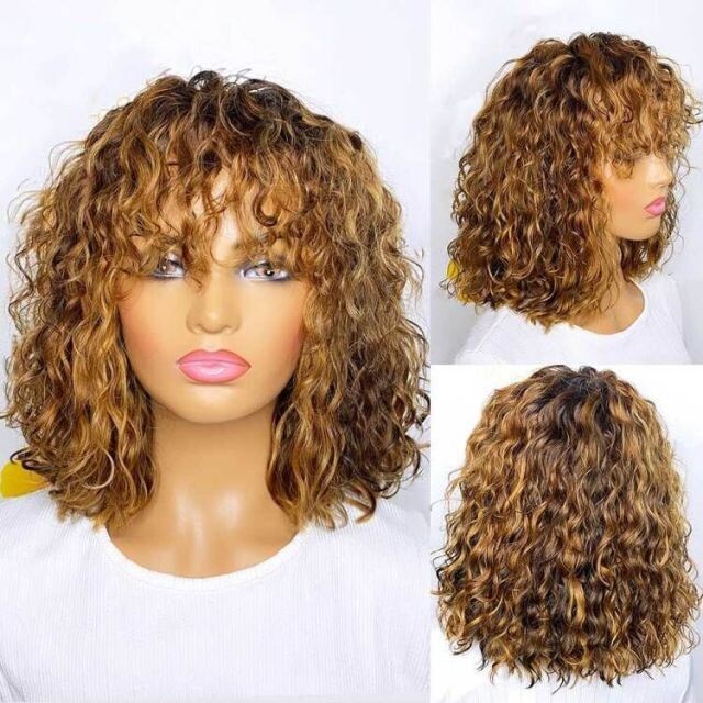 Honey Blonde Invisible Ombre Color Pixie Short Jerry Curly Bob Cut, Density: 180%, Hair Color: DX4/33/30, Stretched Length: 10inches