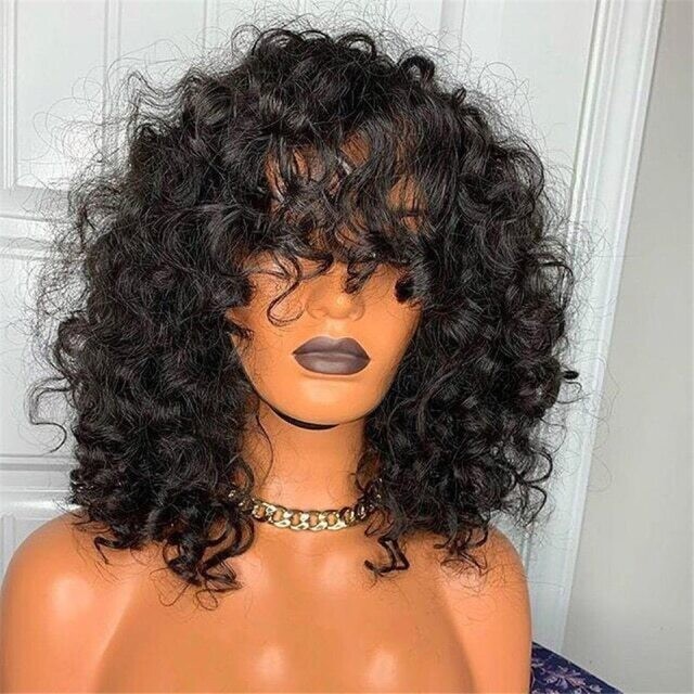 Full Curly Wigs Rose Medium Curly Wig With Bangs Fumi Human Hair, Density: 180%, Hair Color: #130, Stretched Length: 10inches