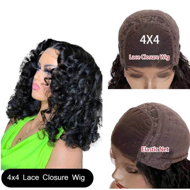Fashion Bouncy Deep Wave 4X4 Lace Closure Frontal Human Hair Wigs Wet, Density: 130%, Hair Color: Black Mix, Stretched Length: 10inches