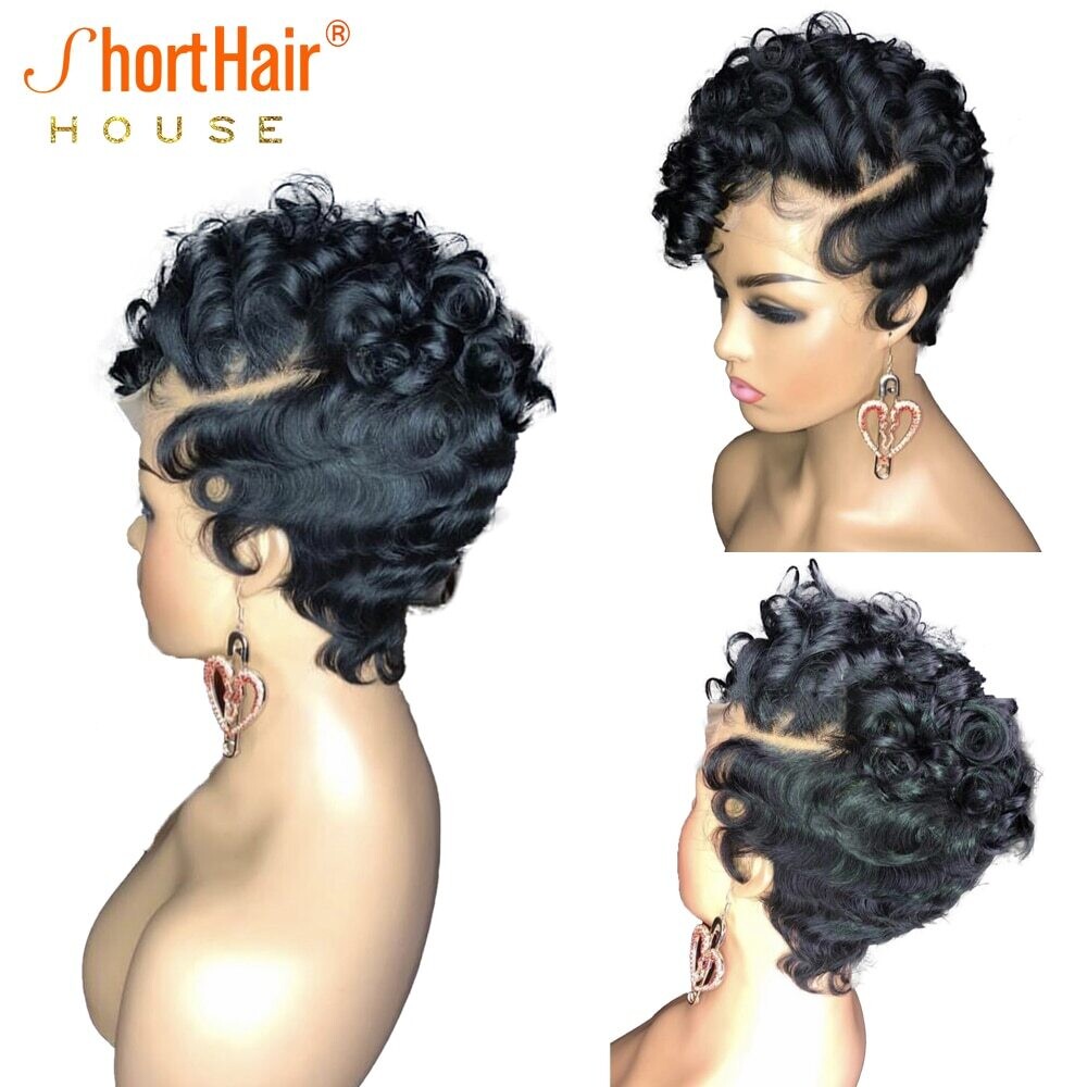New Pixie Cut Short Curly Human Hair Wigs Cheap Lace Front Human Hair