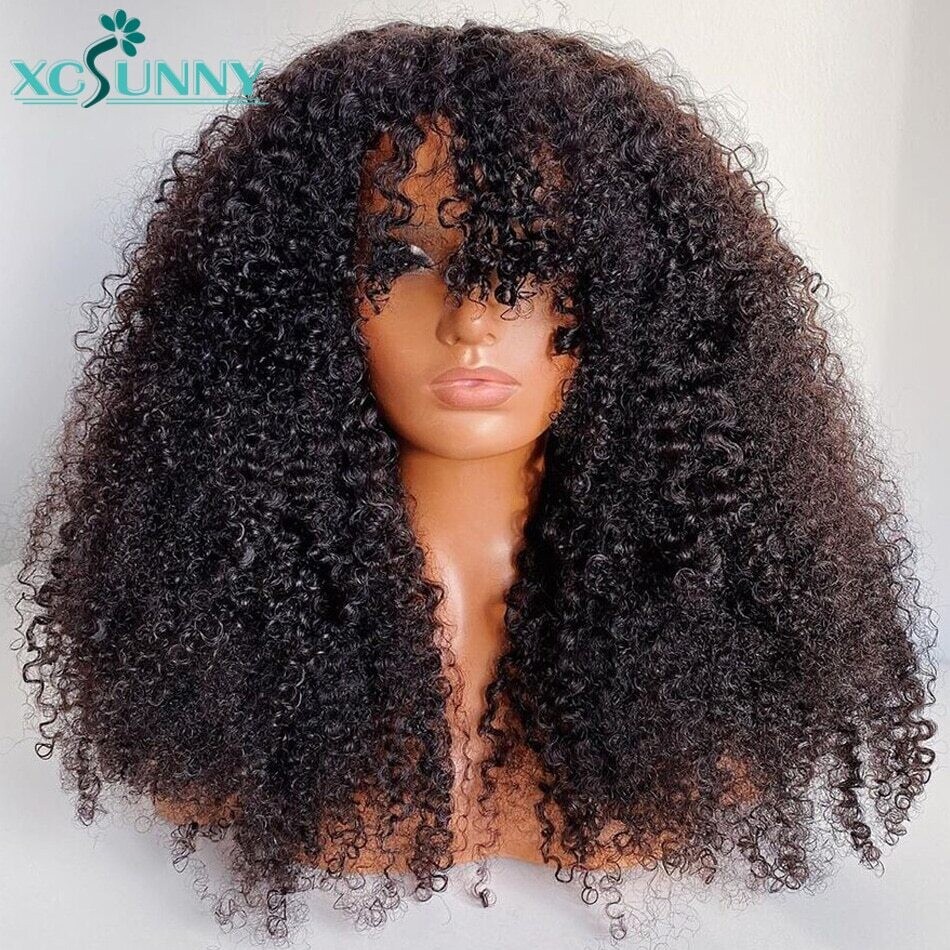 Afro Kinky Curly Human Hair Wigs With Bangs 200 Density 24inch Full