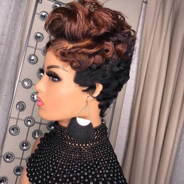 1b 33 Brown Wigs HD Lace Frontal Wig Curly Human Hair Wig for Women, Density: 130%, Hair Color: Auburn Mix, Stretched Length: 6inches