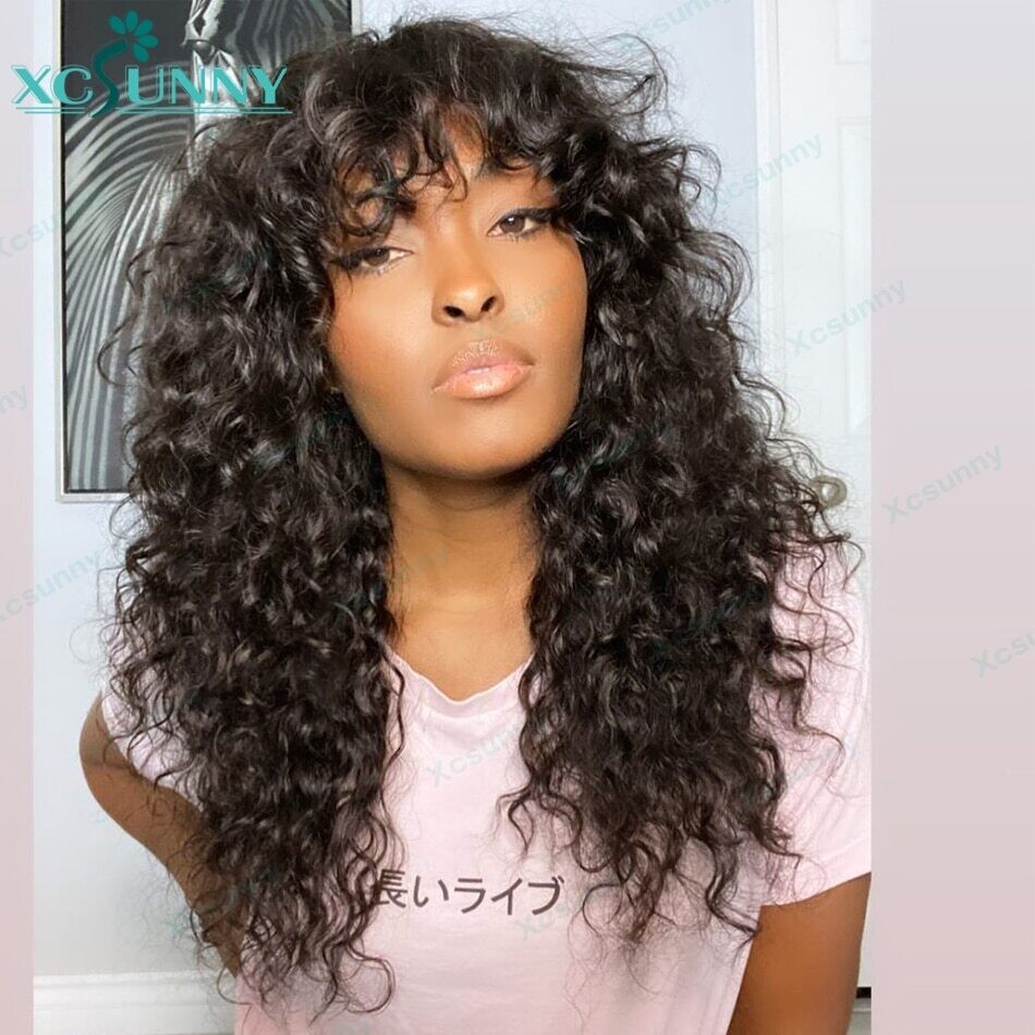 Wig With Bangs Human Hair Water Wave Wig 200 Density Remy Peruvian