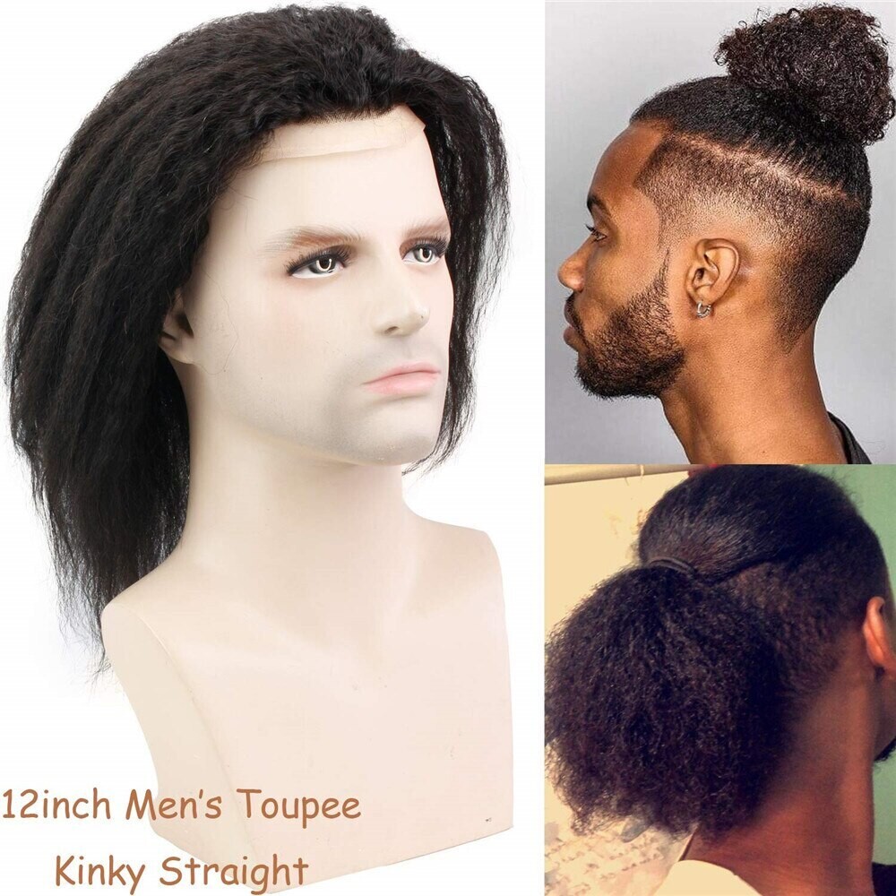 12&quot; Long Kinky Straight Human Hair Replacement for Men Stock Toupee