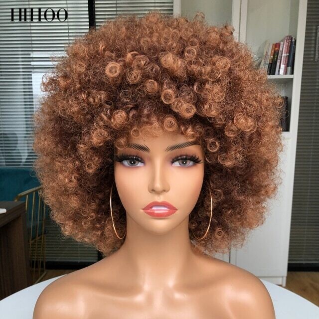 Short Hair Afro Kinky Curly Wig With Bangs Women&#39;s wigs Cosplay Blonde, Color: #144, Stretched Length: 10inches