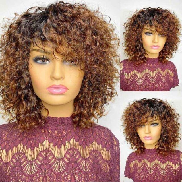 Honey Blonde Invisible Ombre 1B30 Color Pixie Short Bouncy Jerry Curly, Density: 180%, Hair Color: #130, Stretched Length: 10inches