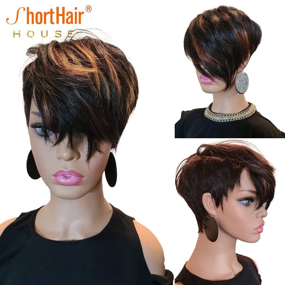 Highlight Short Cut Bob Human Hair Wigs With Long Natural Bangs For