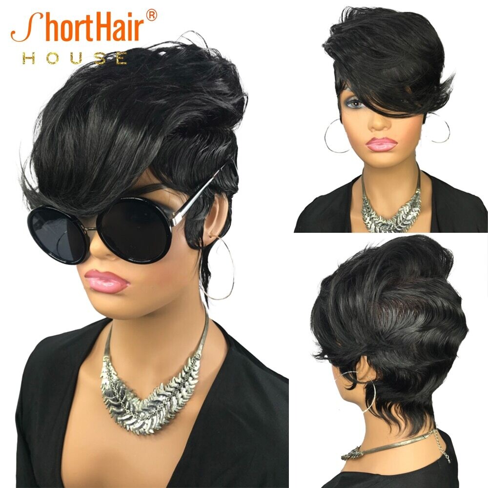 Human Hair Wigs Short Pixie Cut Wigs Wavy Wig With Bangs Lace Frontal