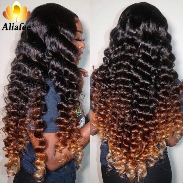 HD 13x6 Loose Deep Wave Wigs Curly Lace Frontal Human Hair Wigs Honey, Color: 1B/30HL, Density: 100%, Stretched Length: 10inches