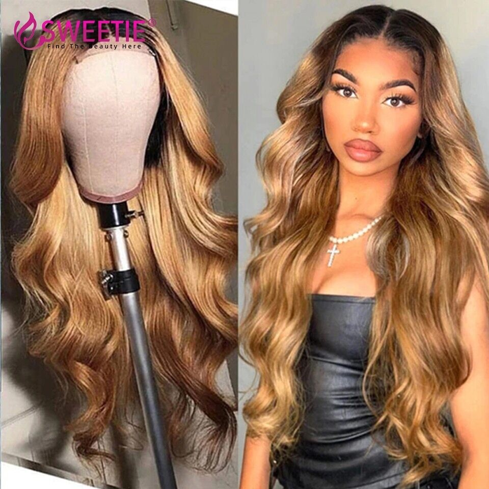 Ombre 13x4 Transparent Lace Front Human Hair Wig T2/27 Honey Blonde