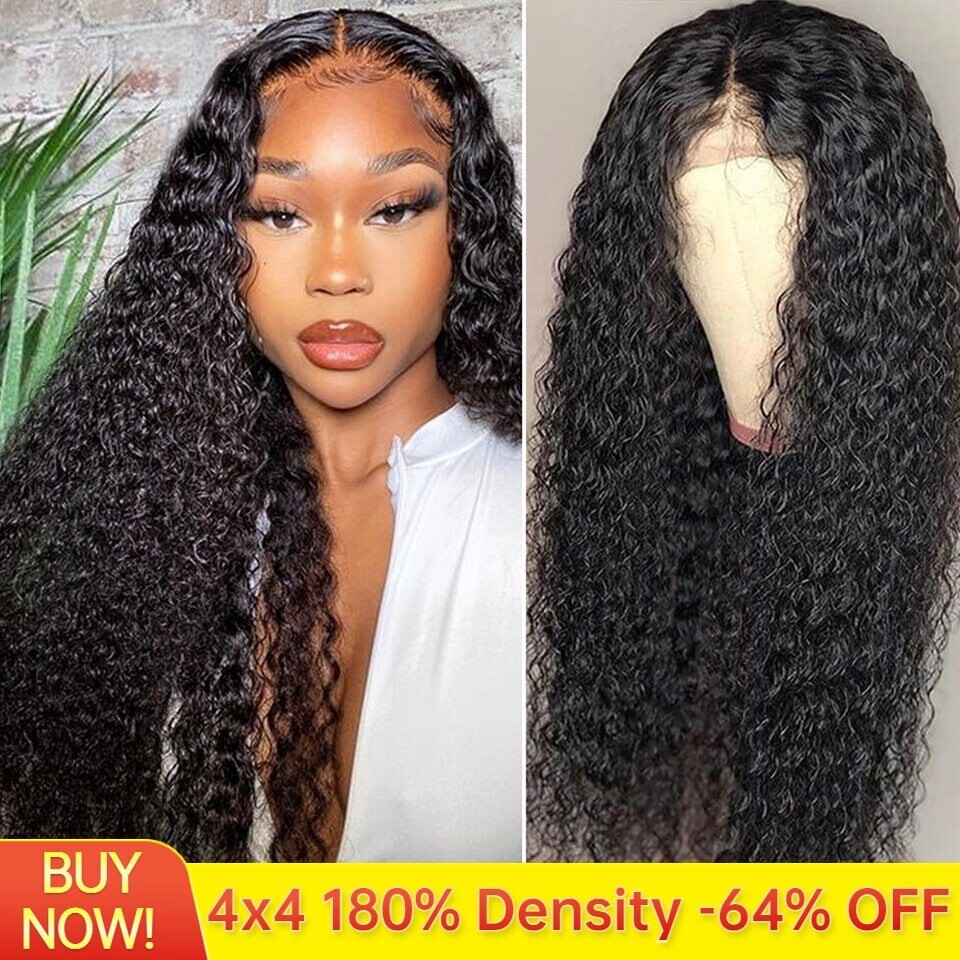4x4 Kinky Curly Lace Closure Human Hair Wig Brazilian Remy 180% Curly