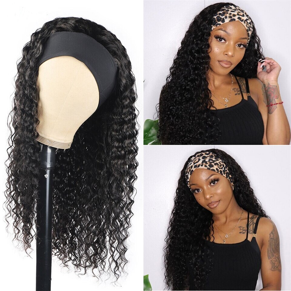 150% Wigs Deep Wave Human Hair Wig Headband Brazilian Curly