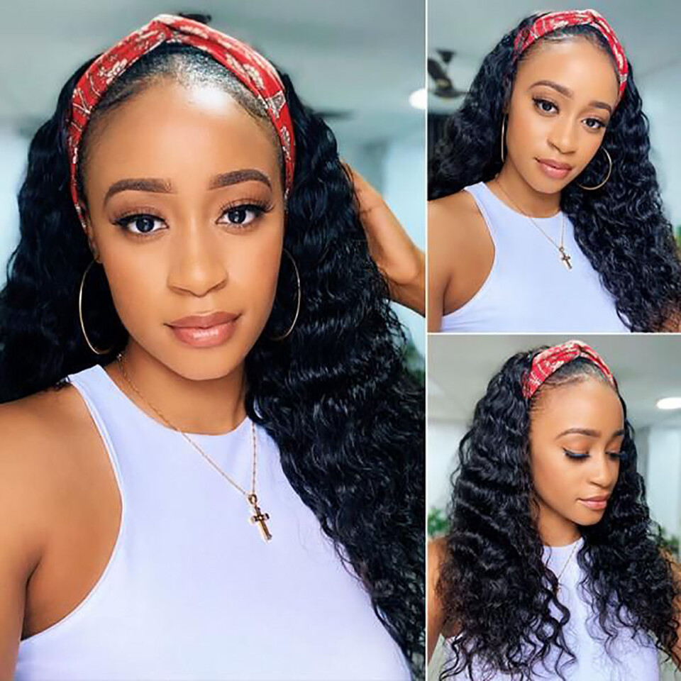 Brazilian Hair Deep Wave Headband Wigs Human Hair Glueless Wigs with