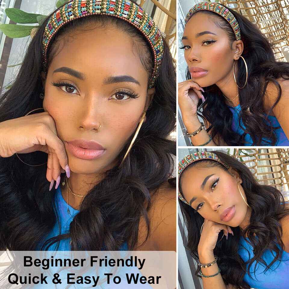 SVT Peruvian Human Hair Body Wave Headband Wig Scarf Glueless Wavy
