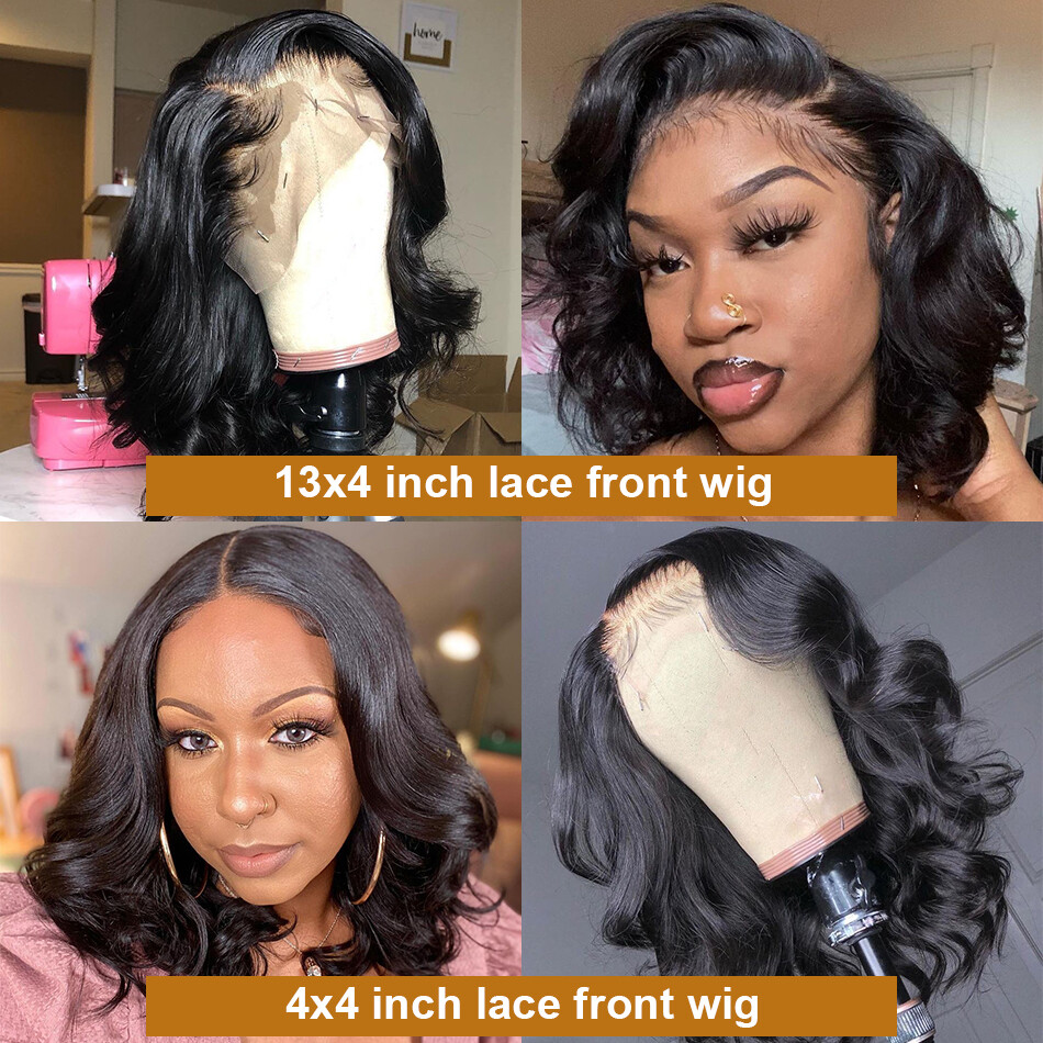 Brazilian 13x4 Bob Wigs Pre Plucked With Baby Hair Body Wave 150% Short Remy Human Hair Water Bob Wigs For Women, Color: 4X4, Stretched Length: 16 Inches