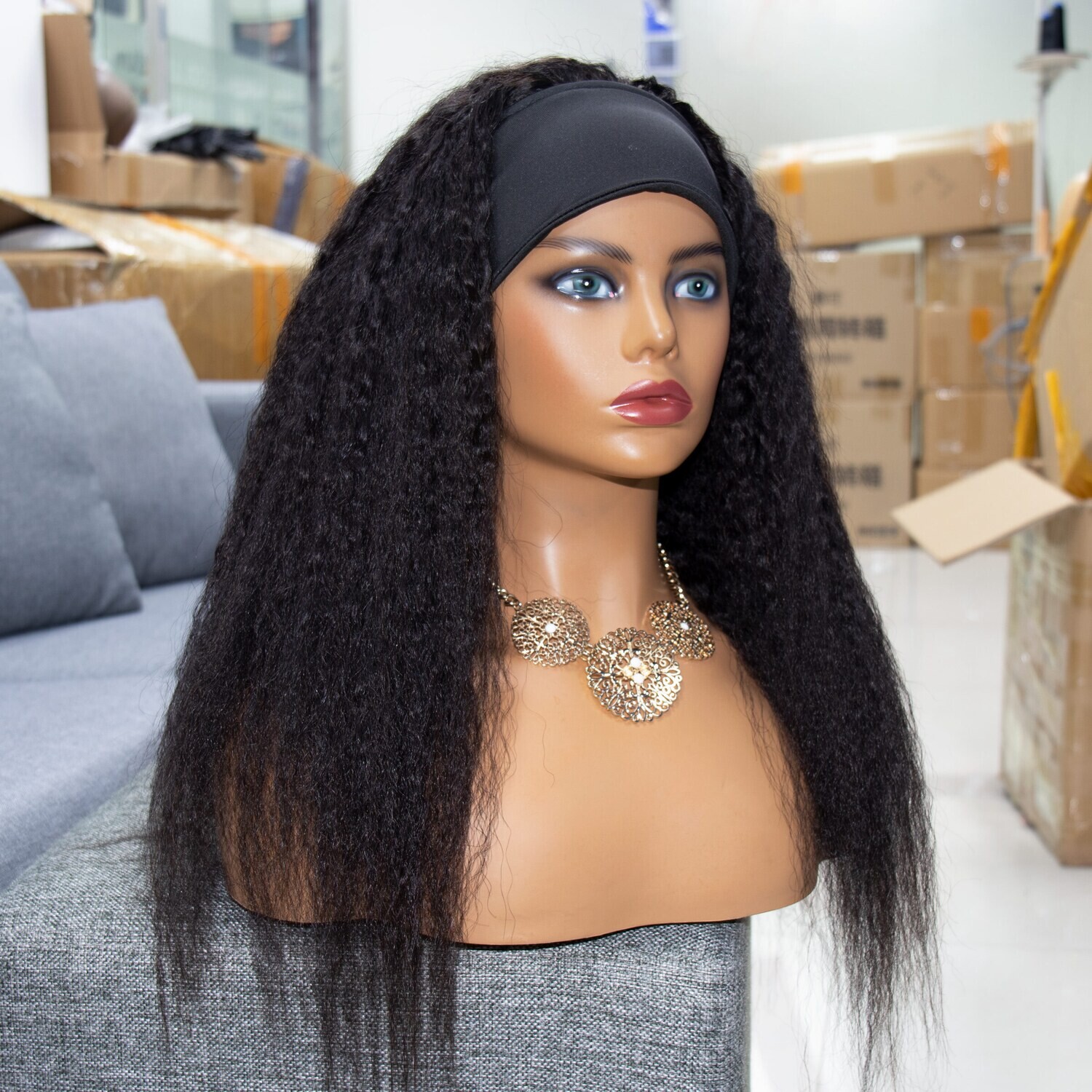 Headband wigs Top Virgin Kinky Curly 150% Density Natural Color human hair for black women Machine Made wig wholesale vendors, Color: Black KS, Stretched Length: 16 Inches