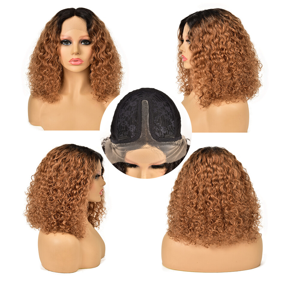 Hot Selling 100% Brazilian Human Hair Wigs Deep Curly Bob, Stretched Length: 12 Inches, Color: T1B/30# T lace Front