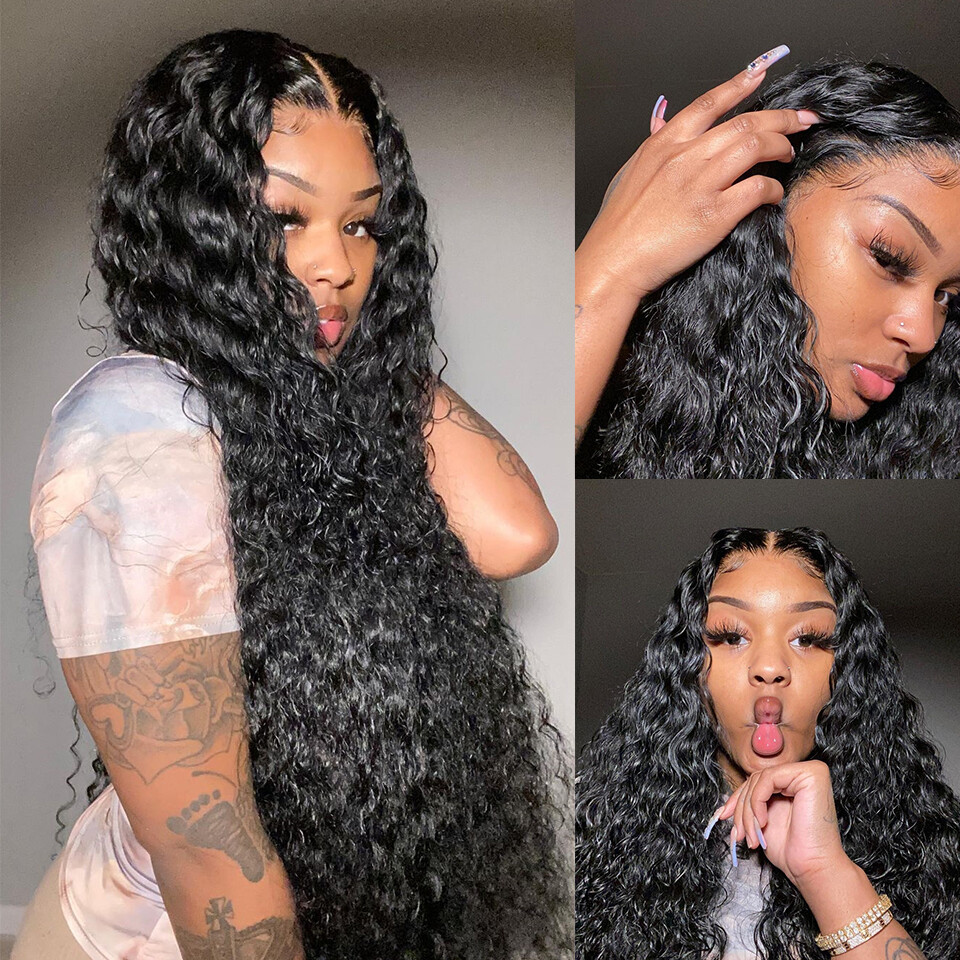 34inches Deep Wave Frontal Human Hair Wigs Pluck Brazilian