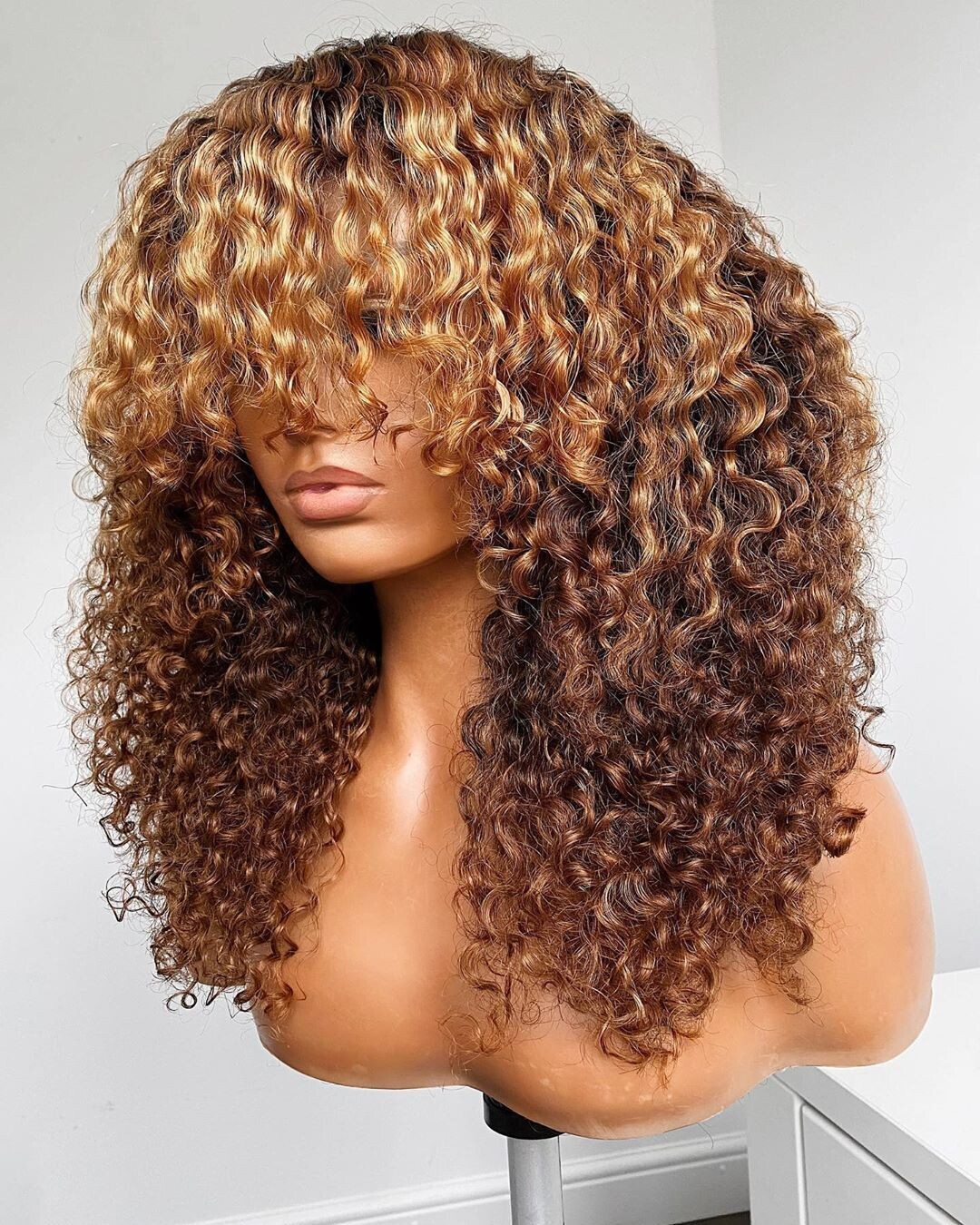 Ombre Brown Raw Indian Virgin Hair Afro Curly Wig Swiss Lace Front with bangs
