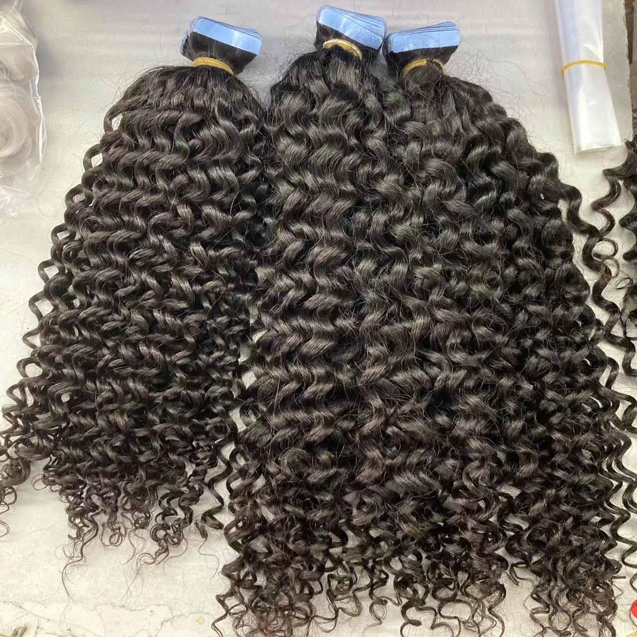 Raw Virgin 6mm Curly Tape Ins Hair Extensions Remy 100% Natural Human Tape in Hair Extension