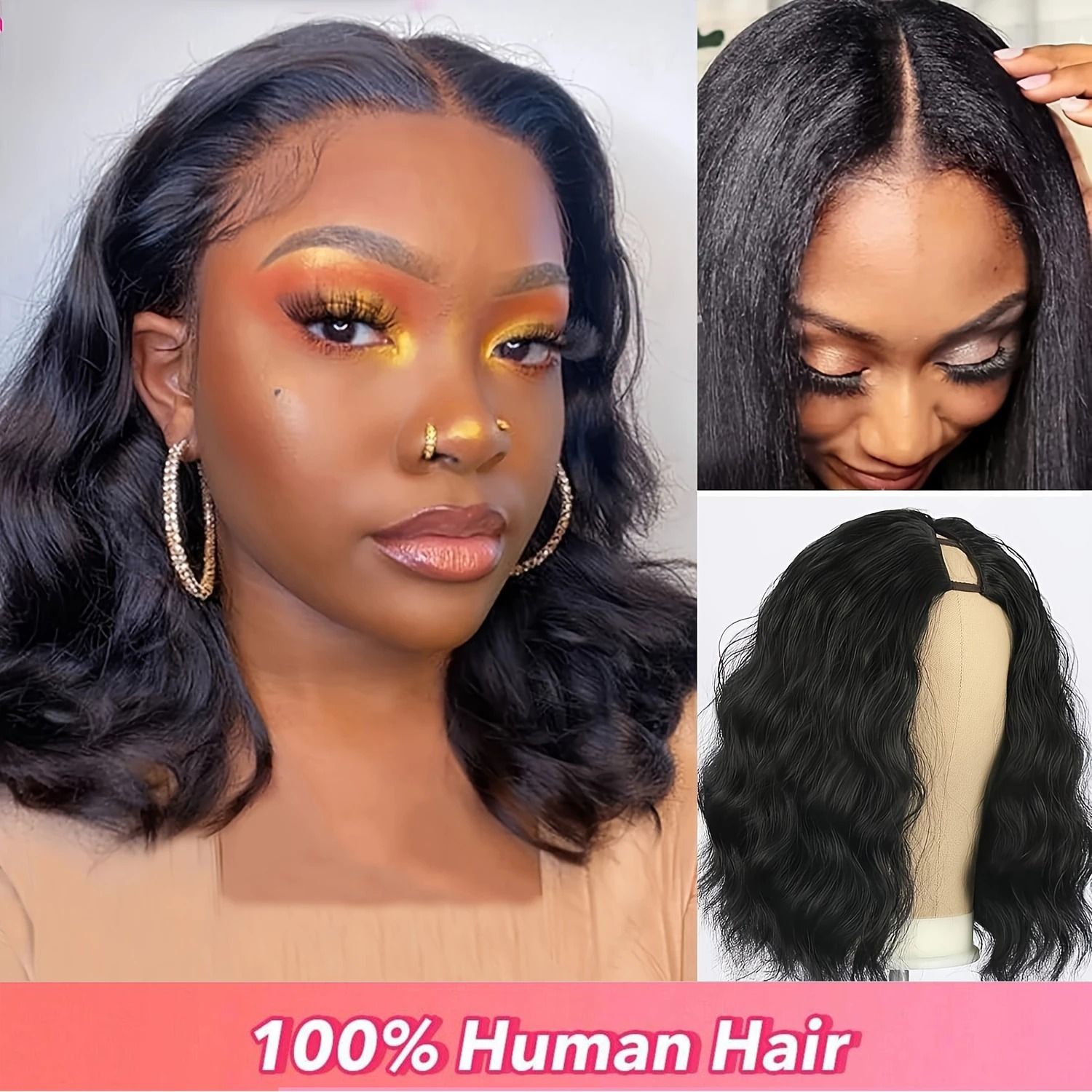 V Part Bob Wig-Nature Black Body Wave 100% Human Hair Wig