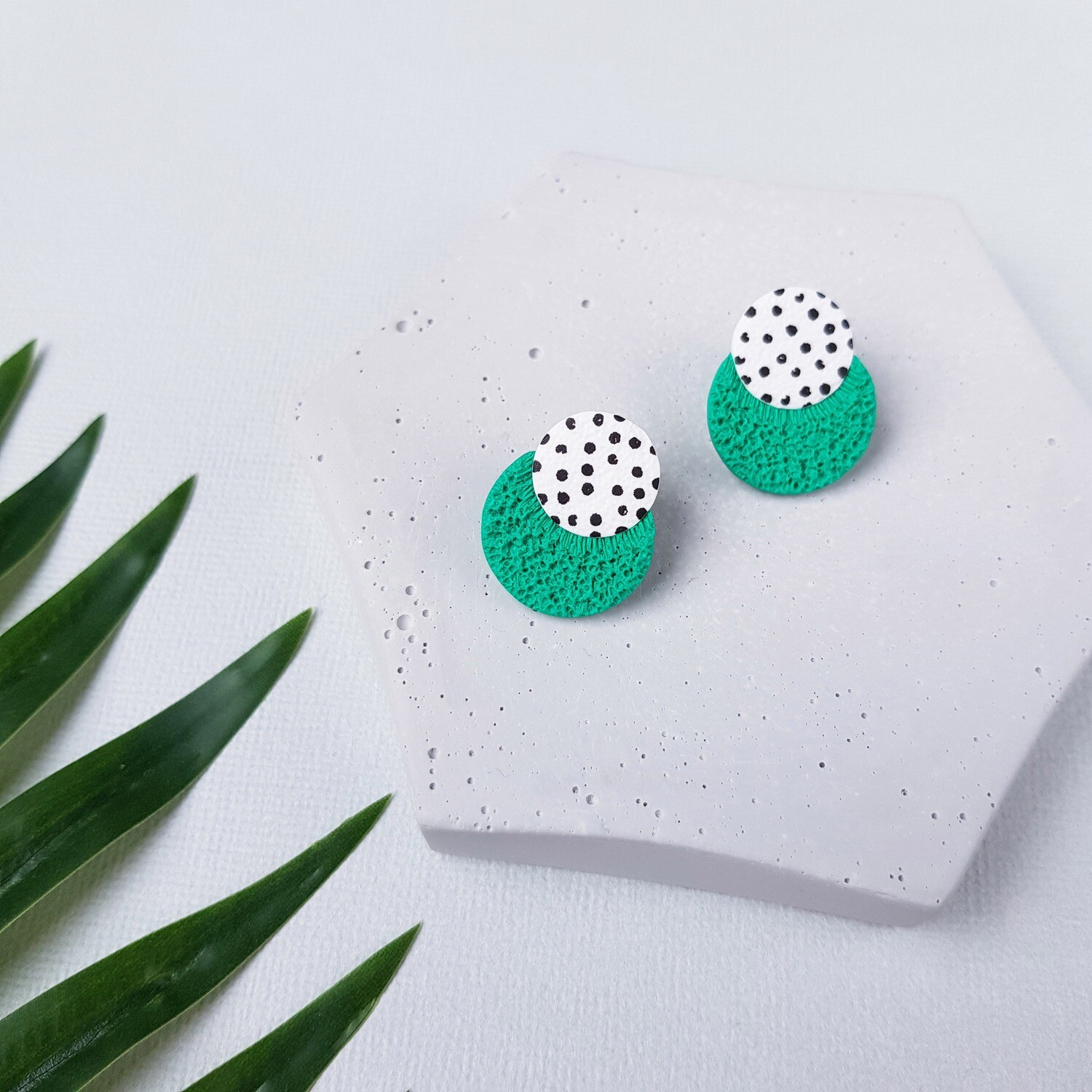 Green and white dotted earrings