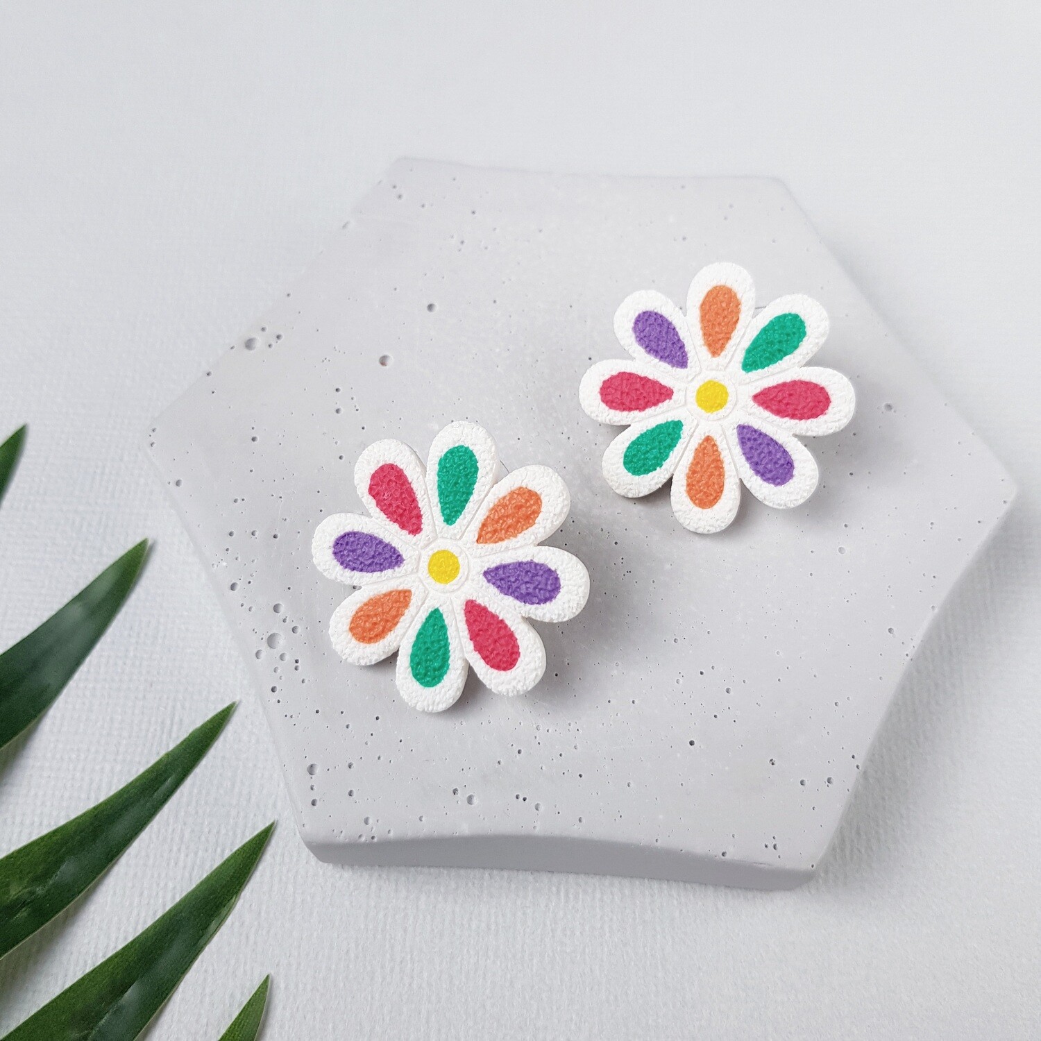 White and rainbow flower earrings