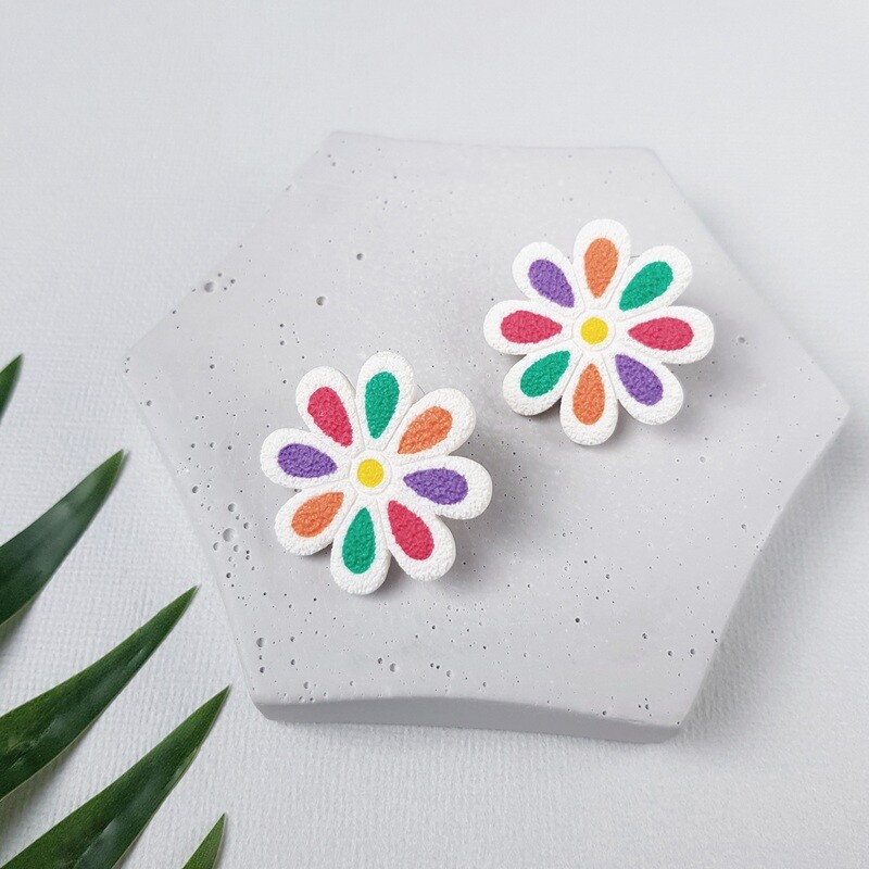 White and rainbow flower earrings