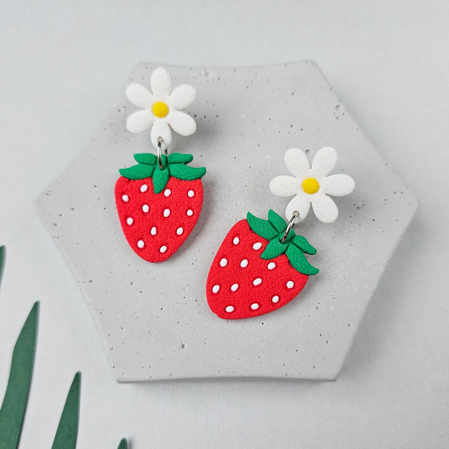 Flat Strawberry with Flower Earrings