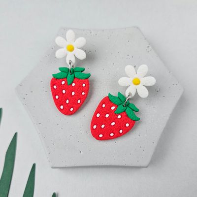 Flat Strawberry with Flower Earrings