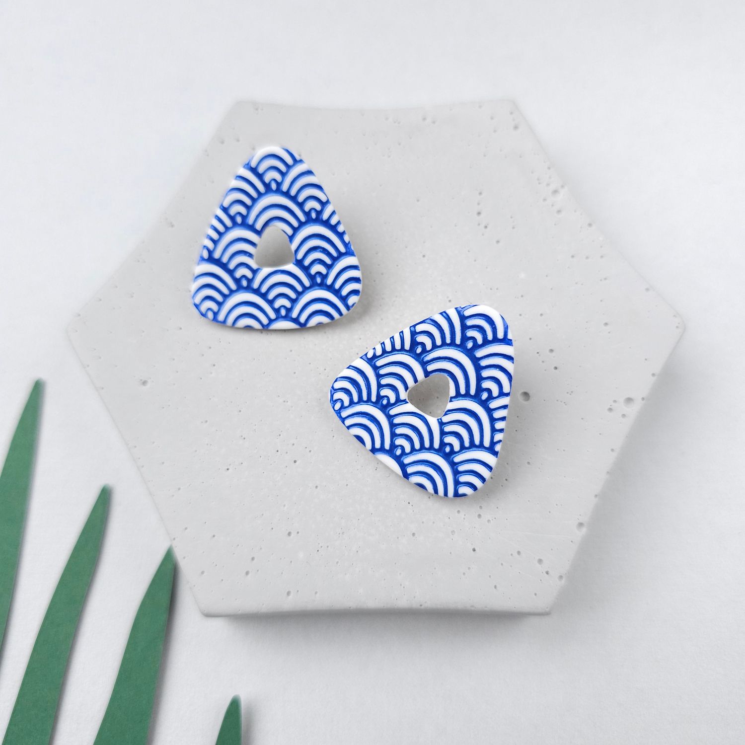 Blue triangle polymer clay earrings